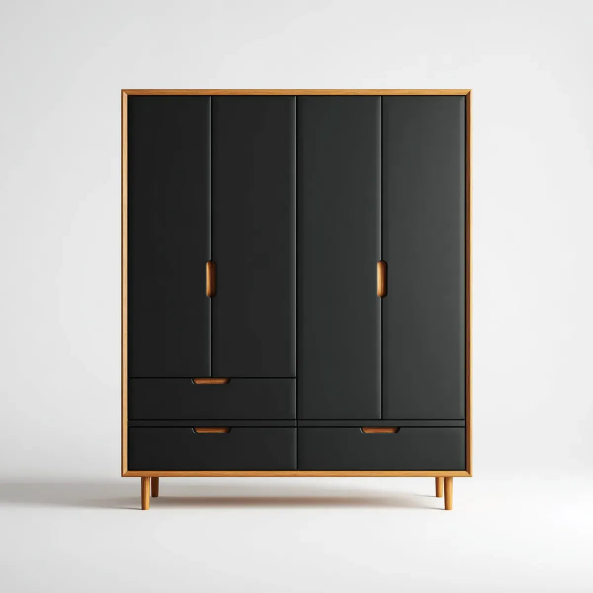 Armoire de chambre 4 portes 3 tiroirs noir et bois naturel 120 x 50 x 180 cm en panneaux MDF rectangulaire