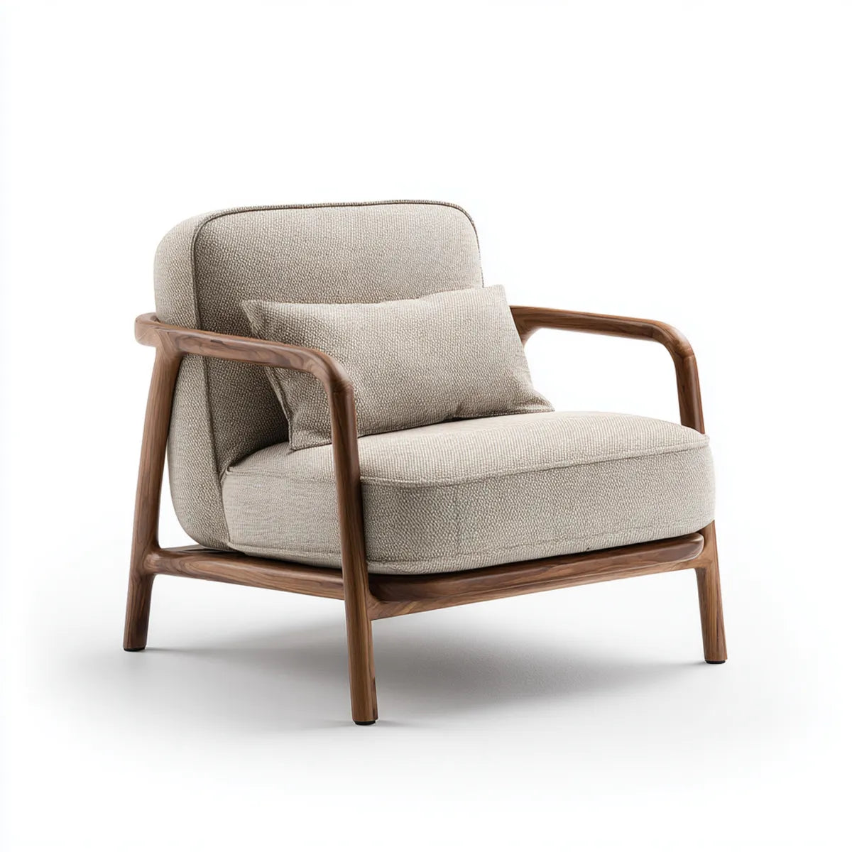Fauteuil lounge beige avec coussin structure en bois massif finition noyer forme arrondie 75 x 78 x 82 cm