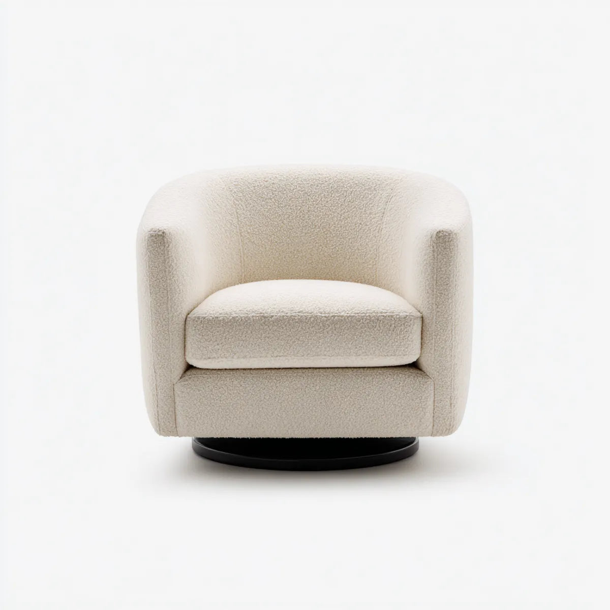 Fauteuil de salon pivotant arrondi écru en polyester bouclé avec base circulaire noire 82 x 80 x 75 cm