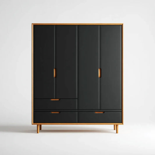 Armoire de chambre 4 portes 3 tiroirs noir et bois naturel 120 x 50 x 180 cm en panneaux MDF rectangulaire