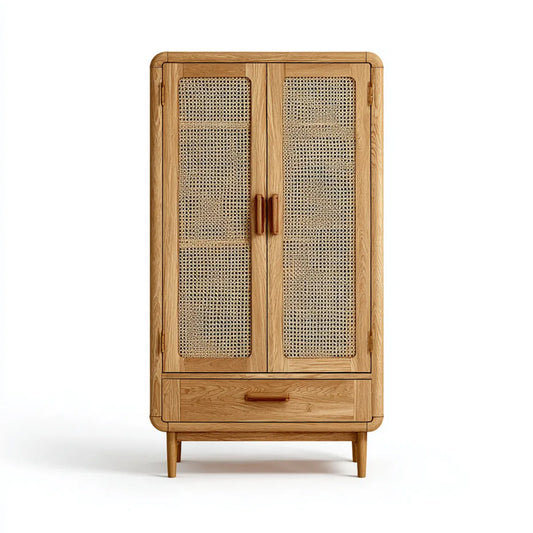 Armoire de chambre 2 portes chêne naturel et rotin 90 x 45 x 180 cm rectangulaire