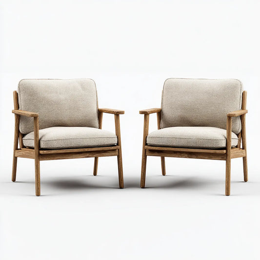 Lot de 2 fauteuils de salon beige en polyester avec structure en hévéa massif 65 x 75 x 80 cm