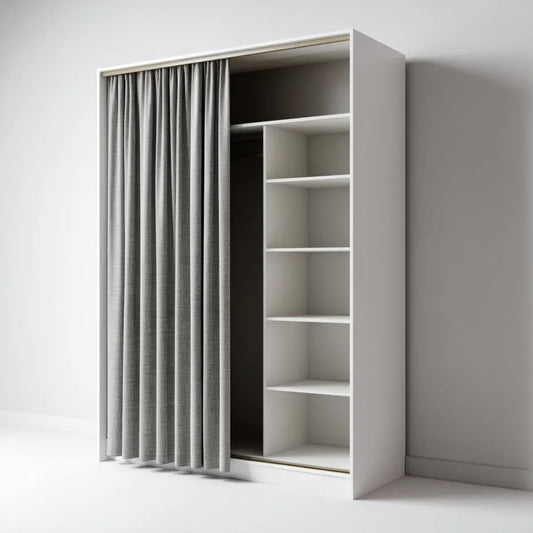 Armoire penderie rectangulaire blanche avec rideau gris 120 x 50 x 200 cm en panneaux de particules mélaminés
