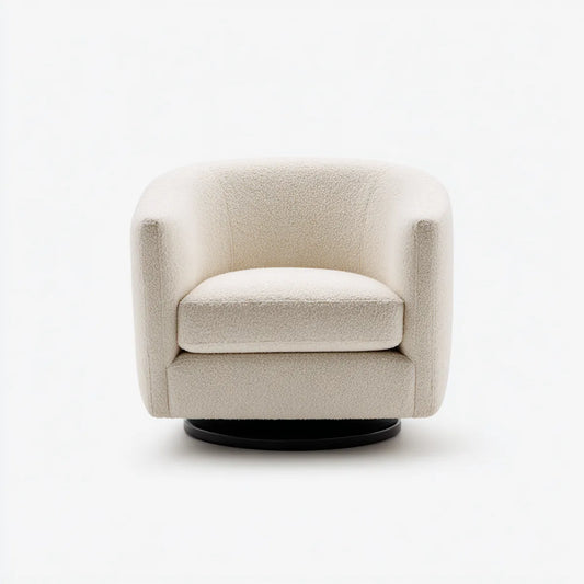 Fauteuil de salon pivotant arrondi écru en polyester bouclé avec base circulaire noire 82 x 80 x 75 cm