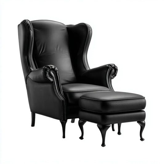 Fauteuil bergère avec repose-pieds noir en cuir synthétique PU 82 x 88 x 110 cm