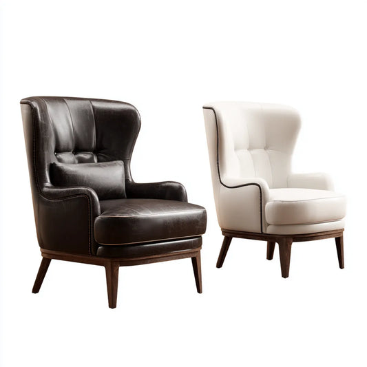 Lot de 2 fauteuils à oreilles marron foncé et blanc cassé en similicuir PU forme enveloppante 76 x 82 x 105 cm