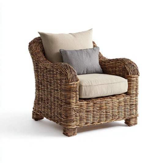 Fauteuil de salon avec coussins beige et marron en rotin naturel forme arrondie 90 x 85 x 95 cm