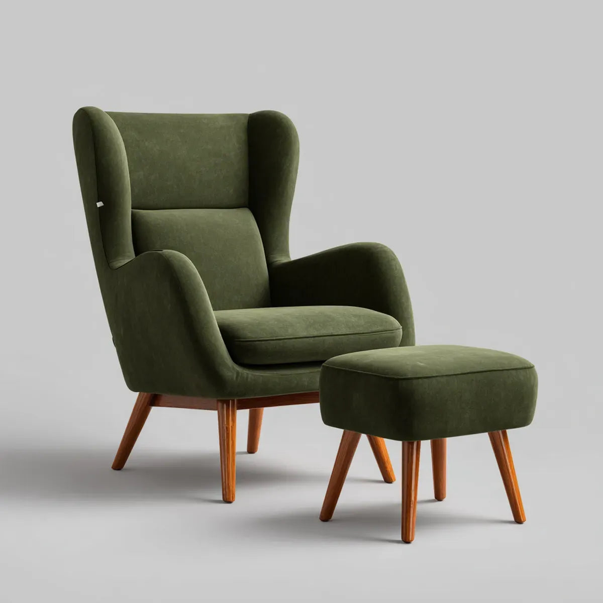 Ensemble fauteuil à oreilles et repose-pieds vert olive en polyester 78 x 86 x 105 cm